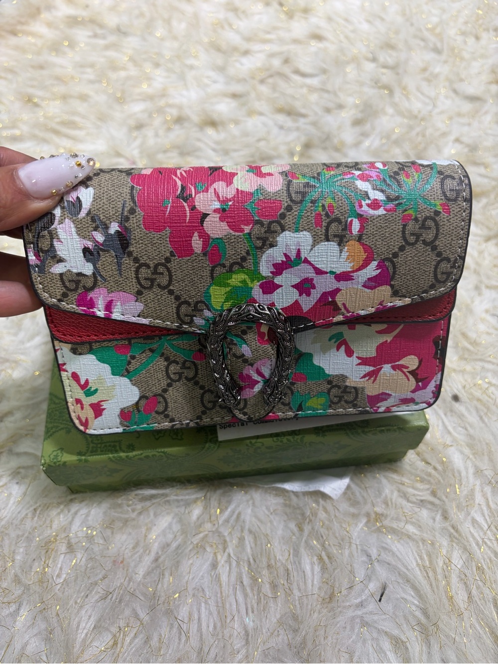 Floral Logo Mini Shoulder Bag in Tan, Pink and Green